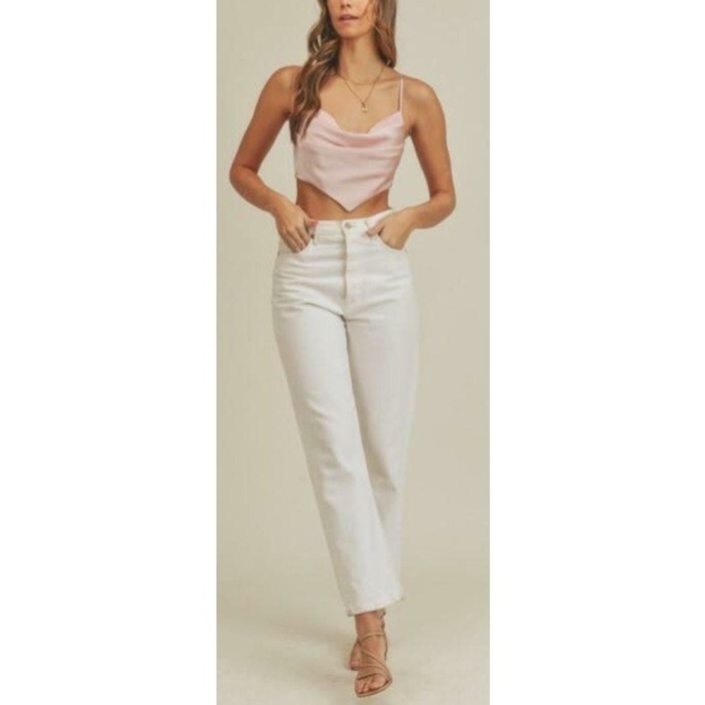Mable Women's Pink Satin Cowl Neck Cross Back Crop Top Size S NWT